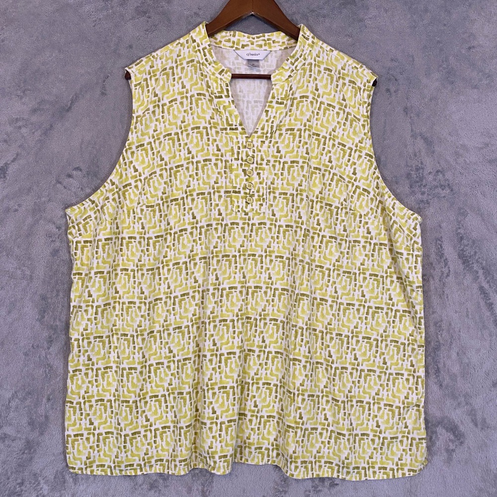 CJ Banks Sleeveless Top Sz 3X Green Geometric‎ Linen Blend Split Neck Coastal
